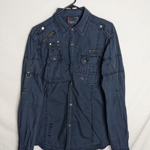 FUSAI Jeans Military Style Rollup LS Snap Button Shirt Pockets Men Size M Blue